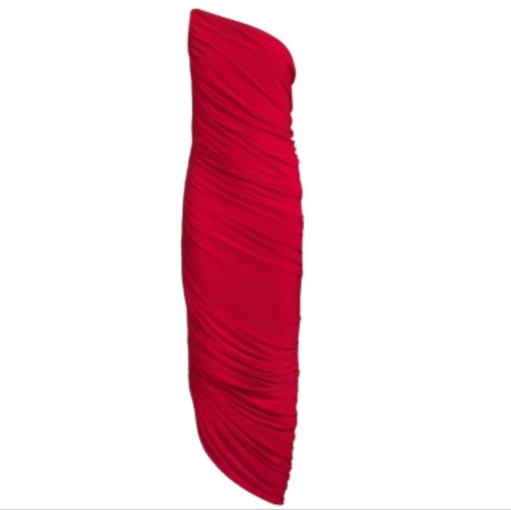 Norma Kamali Dress, Red Jersey w/ Ruching, Modern, One Shoulder, Lined, New Tag‎